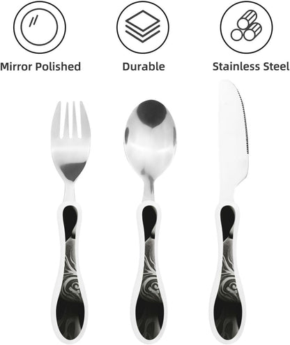 3-Piece Kids Silverware Set With Storage Case, Stainless Steel Reusable Children Safe Knife Spoon Fork Set Black And White Grid Children Flatware Set For Kids Lunch Box
