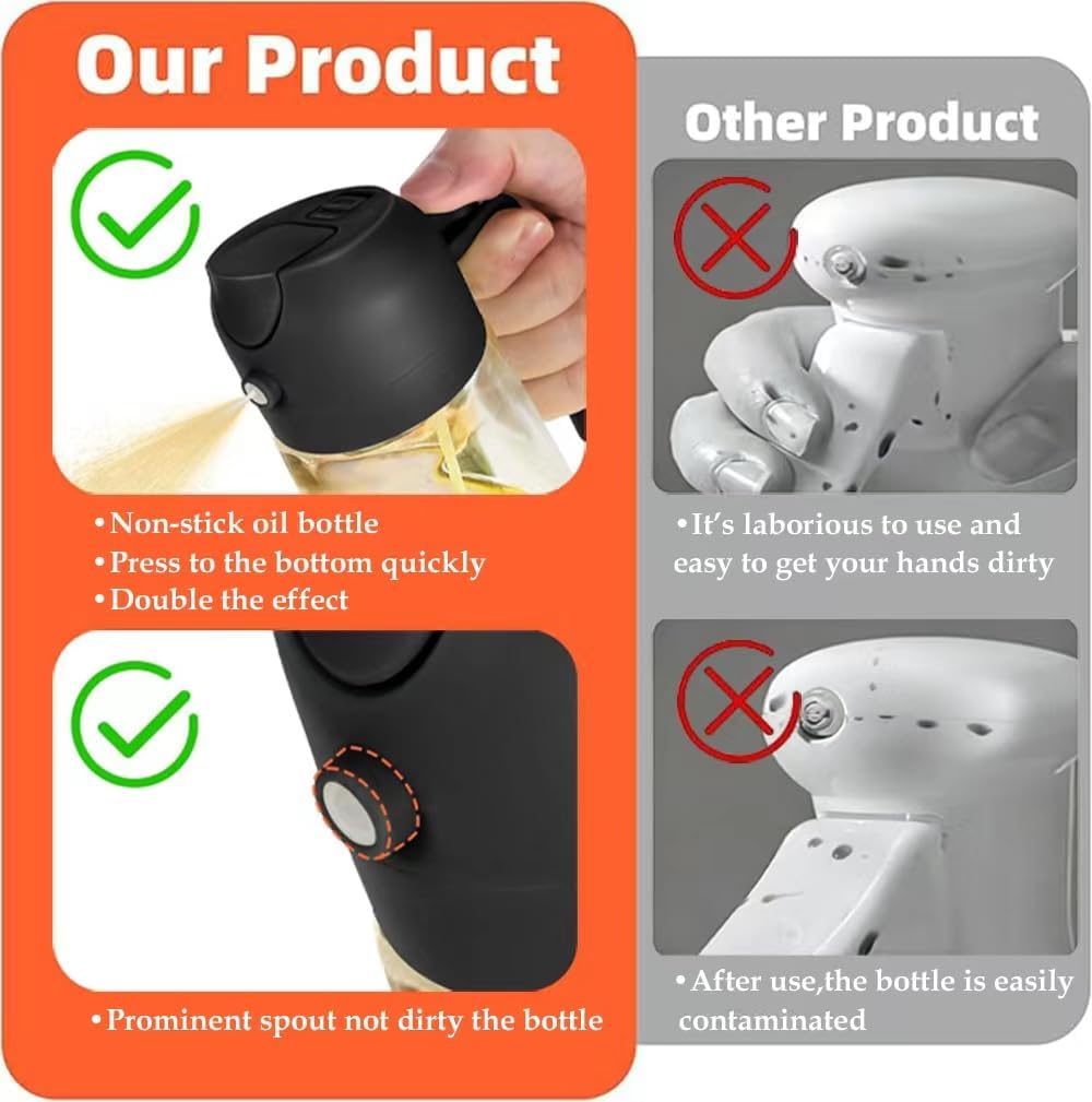 AT-VALY 2-in-1 Oil Sprayer for Cooking, 16oz Glass Oil Dispenser, Black