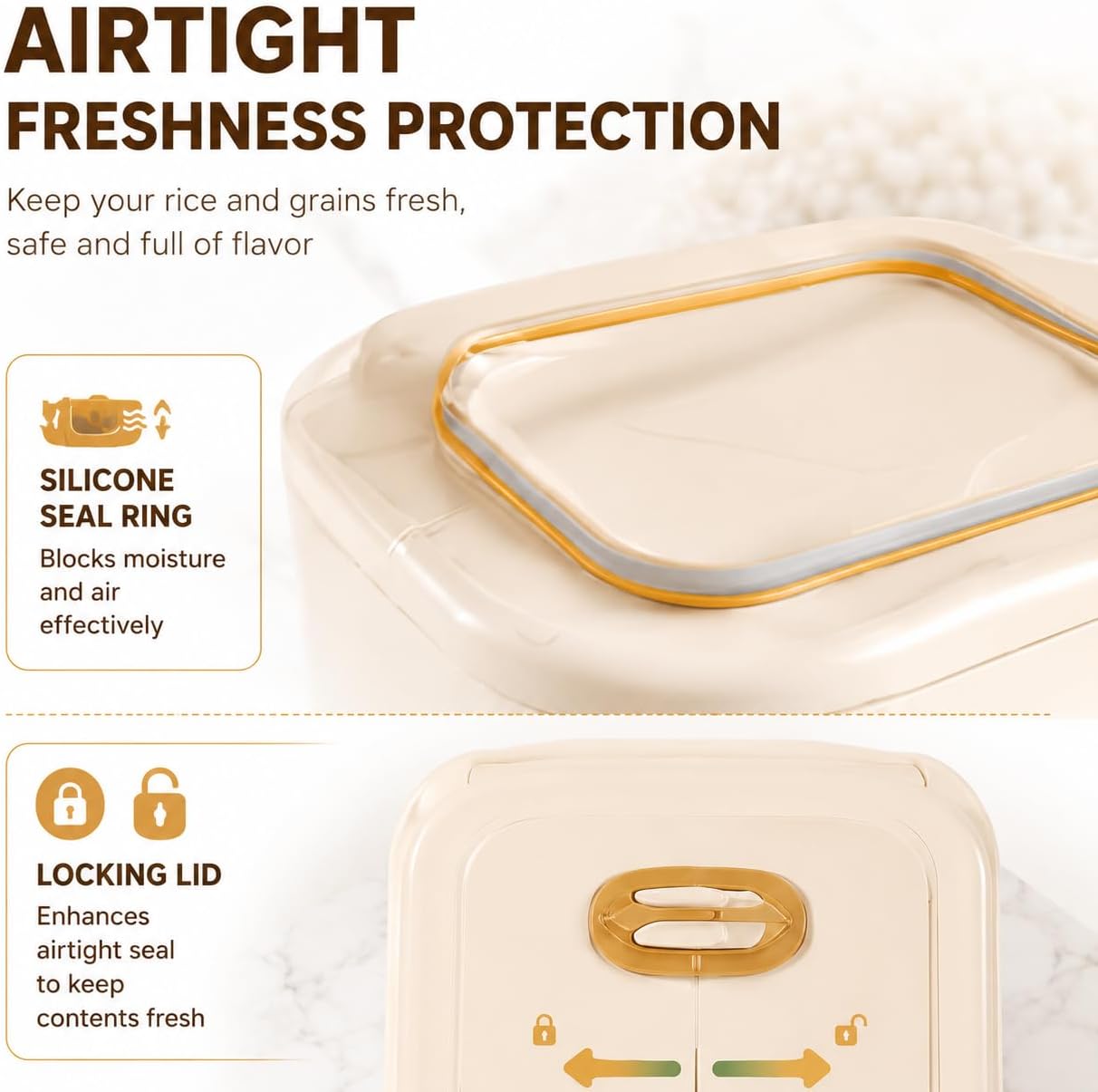 Airtight Rice Dispenser, 11lbs/22lbs Dry Food Storage Container with One-Touch Dispensing, Moisture-Proof Grain Bin with Measuring Cup for Kitchen, Countertop Organization