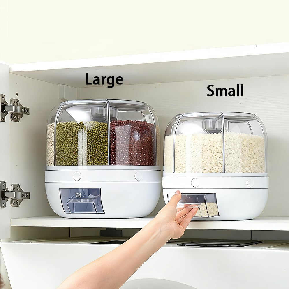 Rotating Grain Storage Bin 6 Grids Rice Container One-Click Output Large Capacity Food Dispenser For Rice Grains Sealed Moisture Proof Organizer (Grey) (Small)
