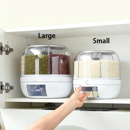 Rotating Grain Storage Bin 6 Grids Rice Container One-Click Output Large Capacity Food Dispenser For Rice Grains Sealed Moisture Proof Organizer (Grey) (Small)