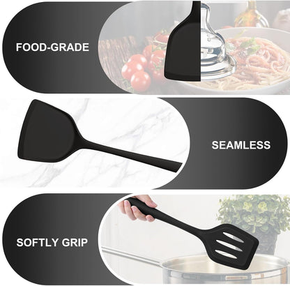 TeamFar Silicone Cooking Utensils Set, 5-Piece Heat Resistant Kitchen Utensils Set, Nonstick Slotted Solid Spoon Turner Pasta Server for Frying, Serving, Mixing, Non-Toxic & Dishwasher Safe, Black