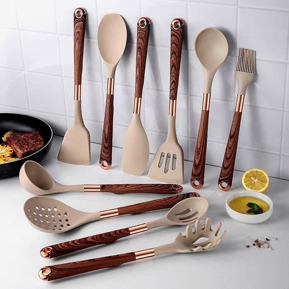 11-Piece Silicone Kitchen Utensil Set with Wooden Handle & Holder – Heat-Resistant, Non-Scratch Cooking Tools for Non-Stick Cookware
