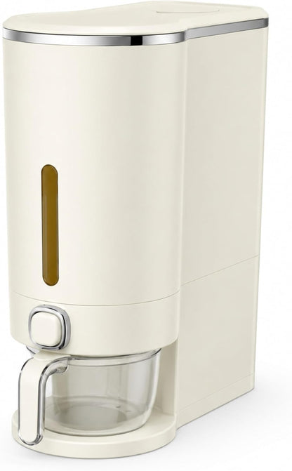 ROOM127 Slim Rice Dispenser 11 Lbs, Airtight Rice Storage Container with Measuring Cup, One-Touch Dry Food & Cereal Dispenser with Clear Window for Kitchen Countertop, Milk Tea Brown