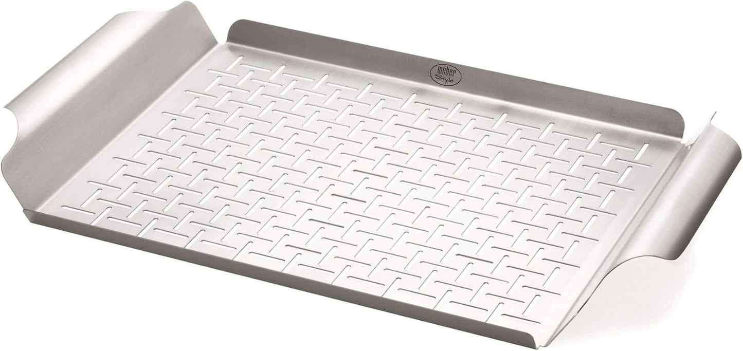 Weber Grill Pan – Durable Stainless Steel Pan for Small or Delicate Foods, 1/8" Slits for Drainage, Wide Carry Handles - Grill Accessory