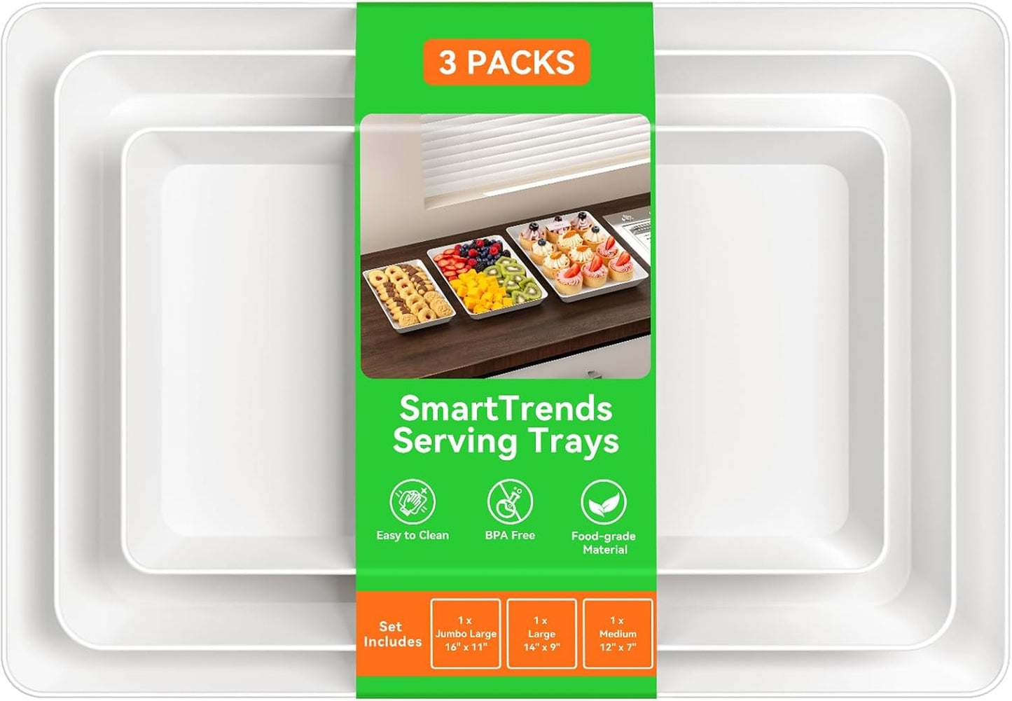 6-Pack Serving Tray for Parties, Serving Platter in 3 Sizes for Entertaining, Food Display, Plastic Trays for Cookies, Stackable Rectangular Platters for Family(White)