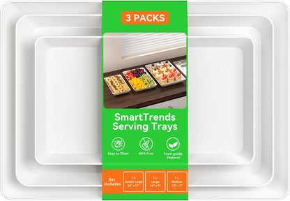 6-Pack Serving Tray for Parties, Serving Platter in 3 Sizes for Entertaining, Food Display, Plastic Trays for Cookies, Stackable Rectangular Platters for Family(White)