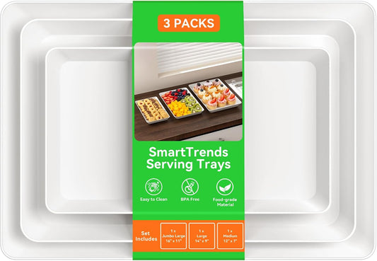 6-Pack Serving Tray for Parties, Serving Platter in 3 Sizes for Entertaining, Food Display, Plastic Trays for Cookies, Stackable Rectangular Platters for Family(White)