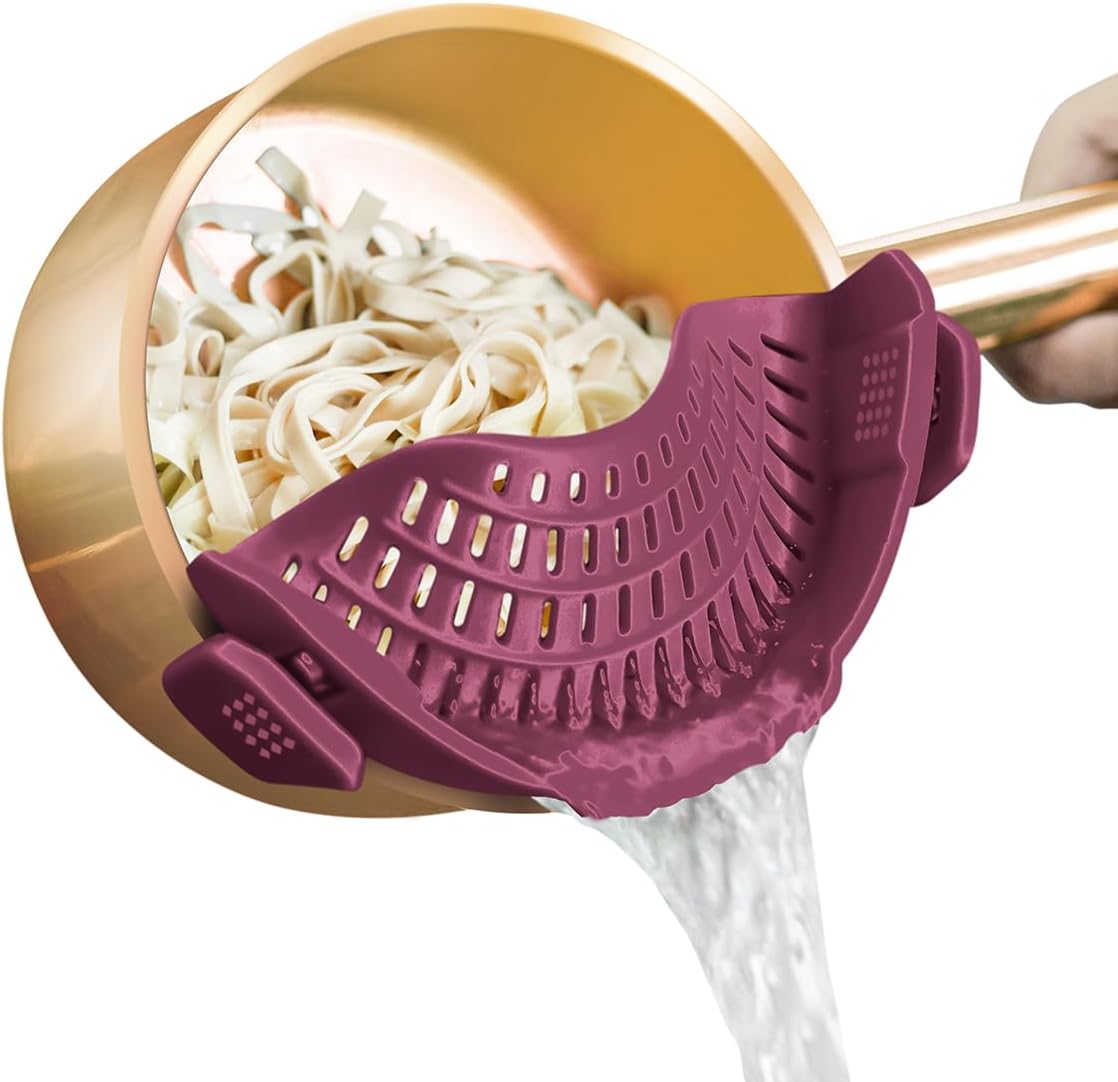 AUOON Clip On Strainer Silicone for All Pots and Pans, Pasta Strainer Clip on Food Strainer for Meat Vegetables Fruit Silicone Kitchen Colander