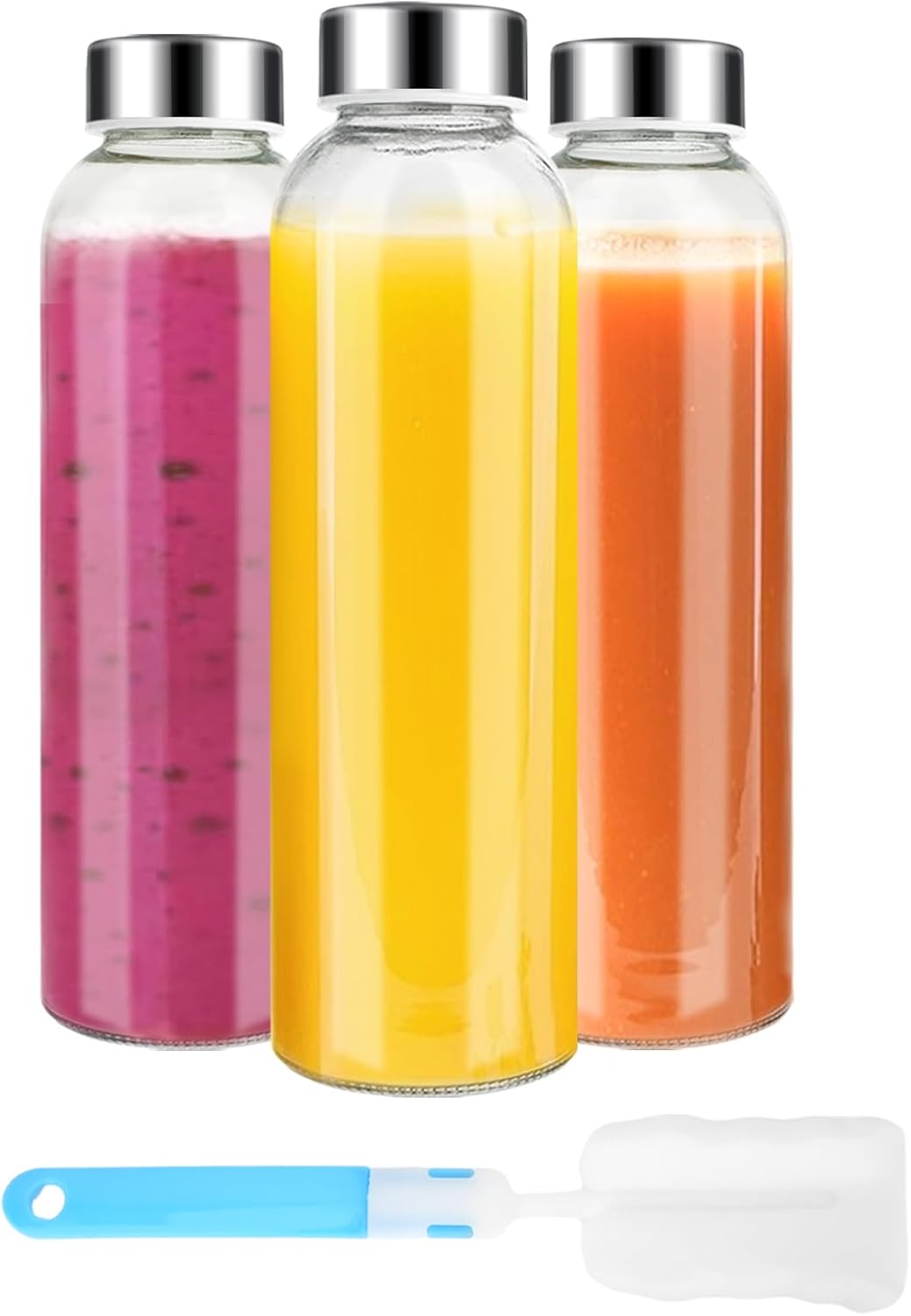 Clear Glass Bottles with Lids 18 oz, Reusable Glass Water Bottles with Stainless Steel Cap for Refrigerator, Juicing, 100% Leak Proof, BPA Free, Juice Bottle Drinking Jar Containers Set of 6