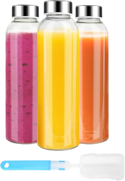 Clear Glass Bottles with Lids 18 oz, Reusable Glass Water Bottles with Stainless Steel Cap for Refrigerator, Juicing, 100% Leak Proof, BPA Free, Juice Bottle Drinking Jar Containers Set of 6