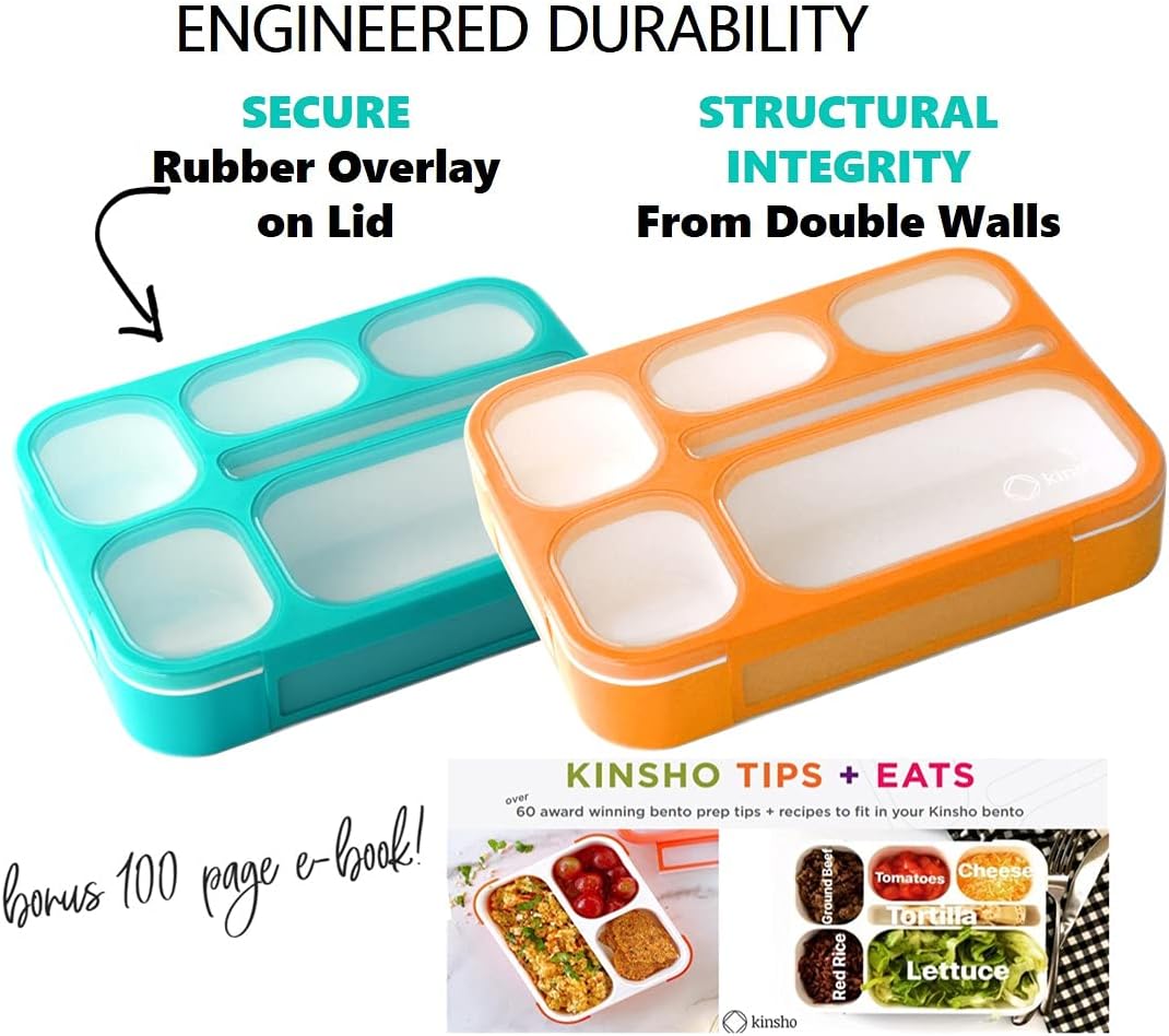 kinsho Lunch Box for Kids Boys Girls - Bento Box Set with Insulated Bag and Ice Pack, 6 Compartment Leak Proof Food Container, BPA-Free, Microwave Safe, Ideal for School & Work, Teal
