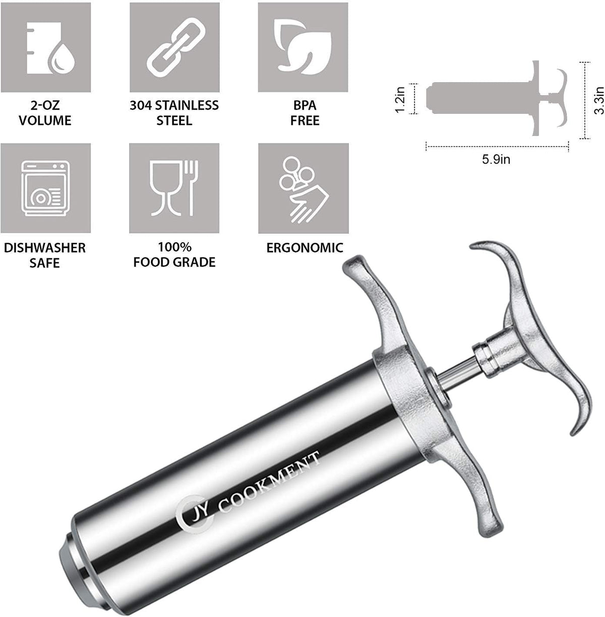 JY COOKMENT Meat Injector Syringe 2-oz Marinade Flavor Barrel 304 Stainless Steel with 3 Professional Needles 2 Cleaning Brushes and 4 Silicone O-Rings