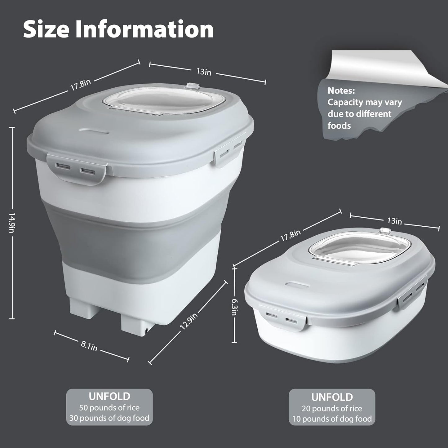 Viretec Cereal Rice Storage Containers, 20 to 50Lbs Collapsible Dry Food Dispenser Bins with Airtight Flip Lid Rolling Wheel, Kitchen Pantry to Store Sugar Flour, Dog Pet Cat Food Holder Container