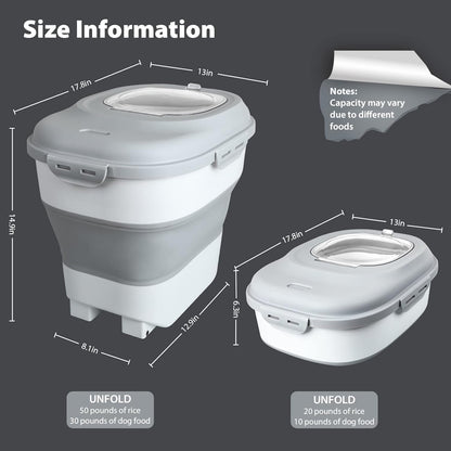 Viretec Cereal Rice Storage Containers, 20 to 50Lbs Collapsible Dry Food Dispenser Bins with Airtight Flip Lid Rolling Wheel, Kitchen Pantry to Store Sugar Flour, Dog Pet Cat Food Holder Container