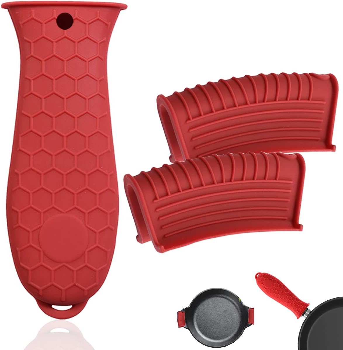 HZMM 3 Pack Silicone Hot Handle Holder, Assist Pan Handle Sleeve Pot Holders Cast Iron Skillets Handles Grip Covers Nonslip Heat Resistant for Pots Enameled Casserole Metal Frying Pans Cookware, Red