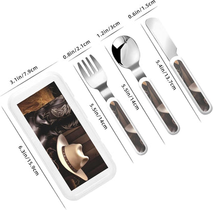 Stainless Steel Kids Silverware Set, Cowboy Black Hat Western Boots Utensil Set Reusable Children Safe Knife Spoon Fork Set With Storage Case Dishwasher Safe For Lunch, Travel Outdoors