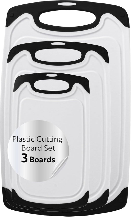 Restaurantware Cutting Board Set 15.7 x 9.6 x 1.1 Inches Plastic, Non-Slip Reversible Chopping Board Knife-Friendly Food Prep Board White