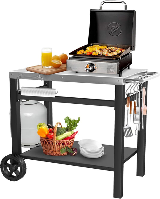 Outdoor Pizza Oven Table for Ninja Woodfire, Blackstone Tabletop Grill, Portable Grill Cart & Food Prep Work Table, Movable Pizza Oven Cart for Backyard BBQ and Patio Parties