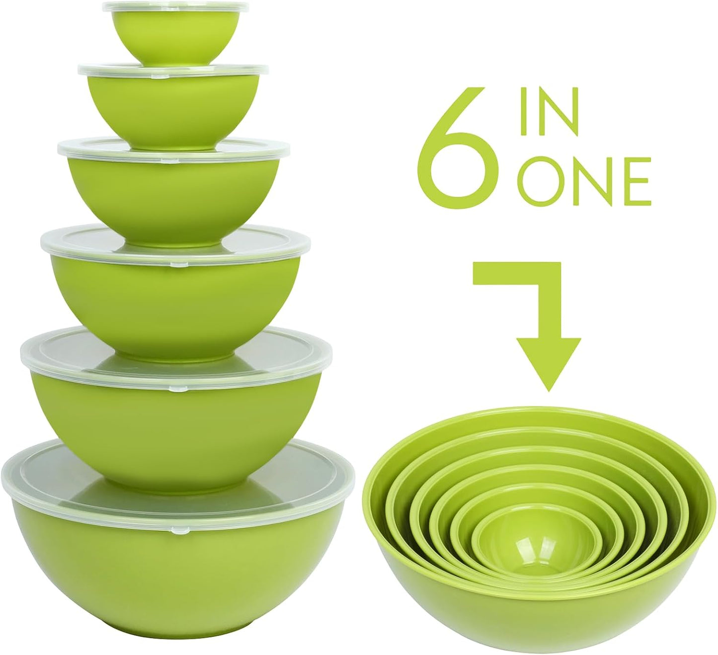BoxedHome BPA Free Plastic Round Mixing Bowl with Lids, 12 Pack Nesting Bowls with Lids Set, Microwave and Dishwasher Safe Prep & Serving Bowls Great for Mixing, Baking, Serving (pinkish green, 12pcs)