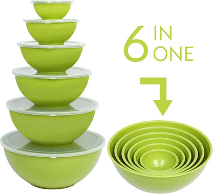 BoxedHome BPA Free Plastic Round Mixing Bowl with Lids, 12 Pack Nesting Bowls with Lids Set, Microwave and Dishwasher Safe Prep & Serving Bowls Great for Mixing, Baking, Serving (pinkish green, 12pcs)