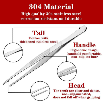 Kitchen Tweezers Stainless Steel 8 Inch Long Tweezers Tongs, Heavy Duty large food tweezers with Precision Serrated Tips for Cooking(8" Straight+Curved)