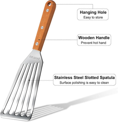 Fish Turner Spatula Stainless Steel, 11" Metal Slotted Spatula for Non Stick Pans, Grilling Salmon, Flipping Eggs & Pancakes,Easy to Clean,Heat-Resistant Wood Handle