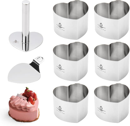 8 Pcs Cake Ring Molds, Seamless Stainless Steel Cake Cutter For Baking, 3 inch Cooking Rings with Pusher & Lifter, Dessert Mousse Molds Baking Tools, Includes 1 Pusher, 1 Lifter and 6 Rings