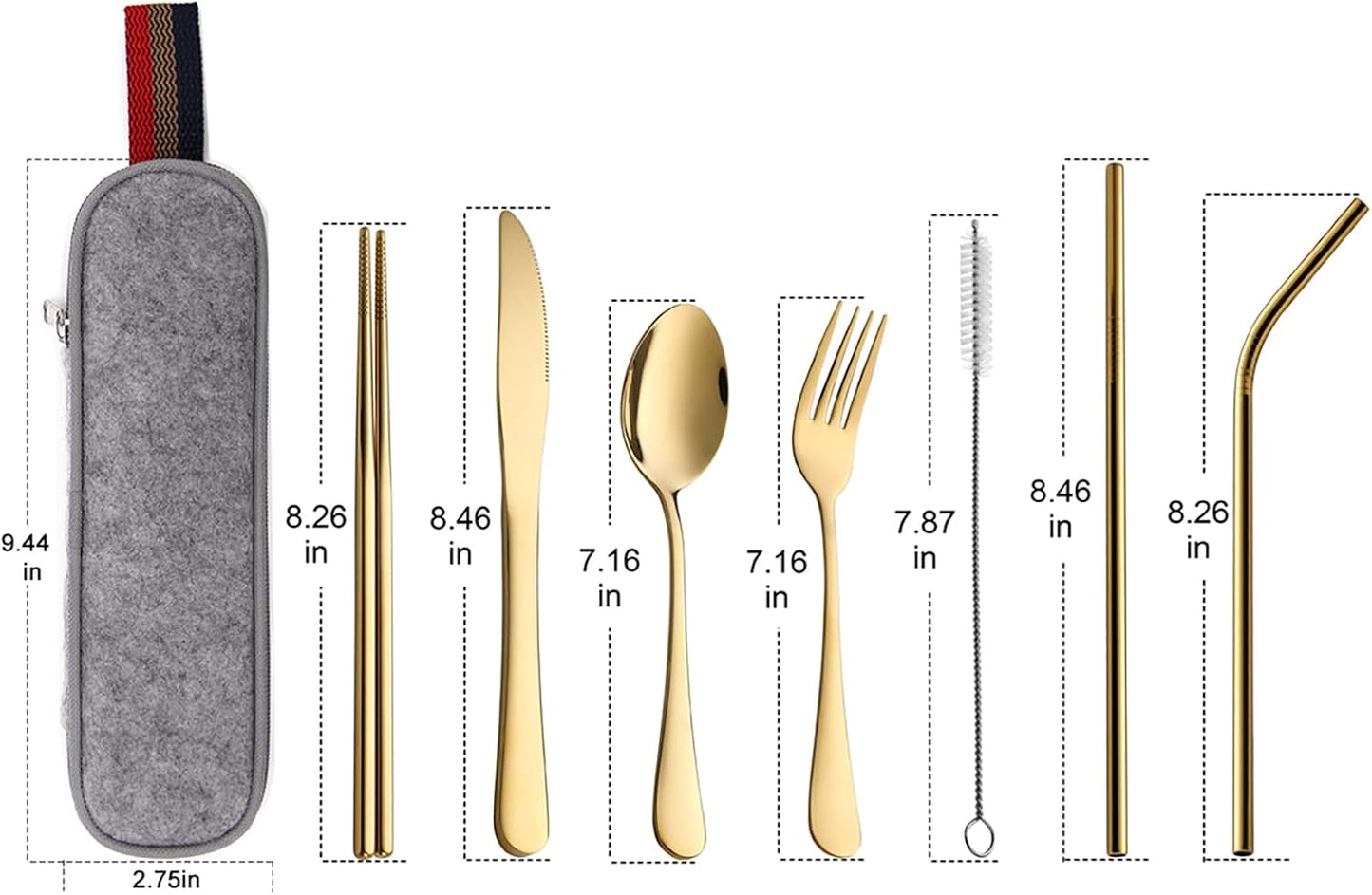 DEVICO Camping Utensils, 8-Piece Full-Size Reusable Silverware for Lunch Adult, Stainless Steel Portable Fork Spoon Knife Set for Work, Travel Cutlery Set with Case and Chopsticks Straws (Rainbow)