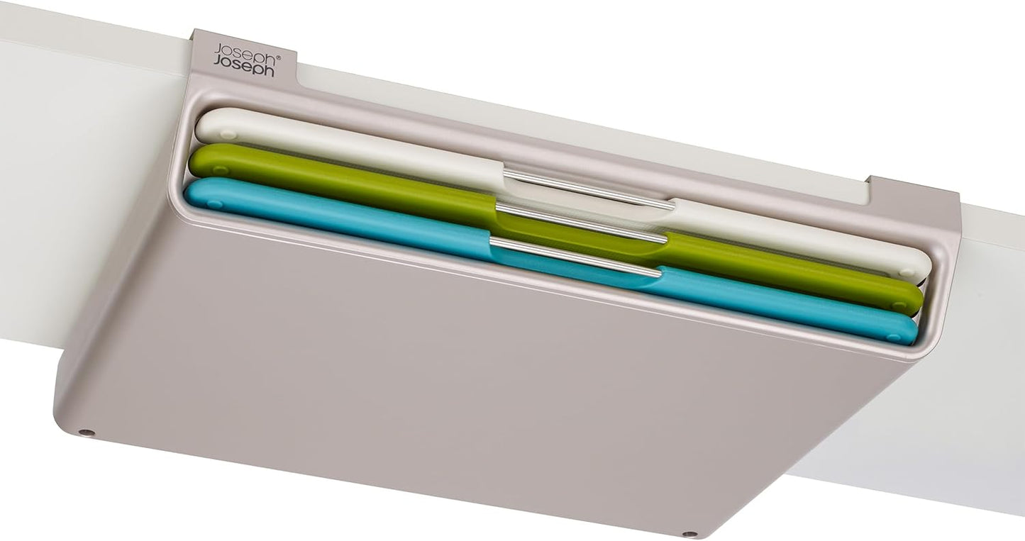Joseph Joseph Folio Icon 4-Piece Multi Colour coded Cutting Board Set, Stainless Steel Slimline case for organized Kitchen storage, Silver