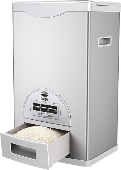 Gdrasuya10 22 Lbs Auto Rice Dispenser, Large Stainless Steel Rice Container with Scale Measuring for Home Kitchen Pantry Organization