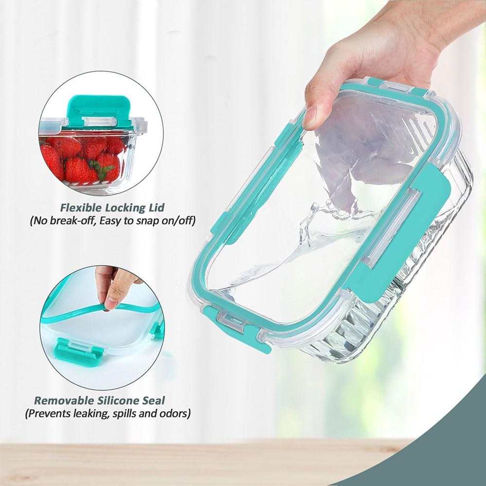 KOMUEE 10 Pack Glass Food Storage Containers, Meal Prep Containers with Lids, Airtight Glass Lunch Boxes, Freezer, Oven, and Microwave Safe, Pink