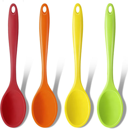GEEKHOM Silicone Cooking Spoons, 4 Pieces 8" Heat Resistant Silicone Kitchen Utensils Set Serving Stirring Spoons for Non Stick Cooking, Mixing, Basting, Baking, Black+Red+Gray+Blue