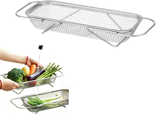Sink Strainer Basket, Over the Sink Colander, Kitchen Expandable Stainless Steel Mesh Drain Basket, Adjustable Rectangular Kitchen Strainer with Handle for Washing Fruits, Vegetables and Pasta (Small)