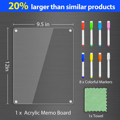 PigPotParty Acrylic Magnetic Chore Chart for Adults, 12x9.5 Inch Clear Dry Erase Chore Board for Fridge, Daily Weekly and Notes Sections, Pre-Installed Embedded Magnets, 8 Fine-tip Markers and Towel
