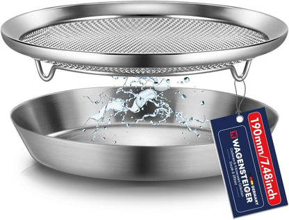 WAGENSTEIGER Stainless Steel Mesh Tray Set with Drip Pan, Air Fryer Basket and Tray, Kitchen Colander, Vegetable and Fruit Strainer, Food Filter, BBQ Prep Tool, Fruit Serving Dishes (9.84 inch)