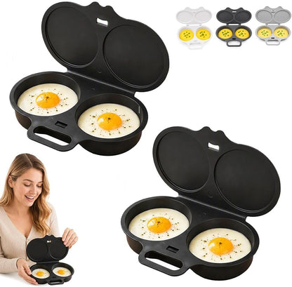2pcs Dual Cavity Microwave Egg Poacher with Lid & Handle，Black