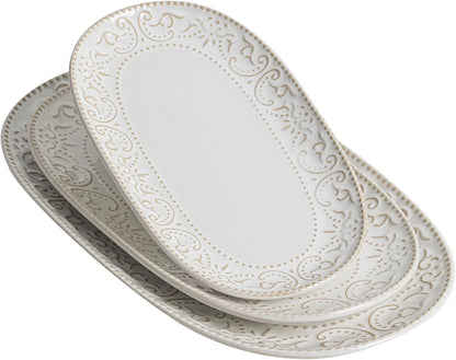 Oval Serving Platter, 14"/12"/10" Ceramic Serving Platters, Embossed White Serving Plates, Stackable Porcelain Tray for Appetizer, Dessert, Pasta, Sushi, Oven Dishwasher Safe, Set of 3, Family Dining
