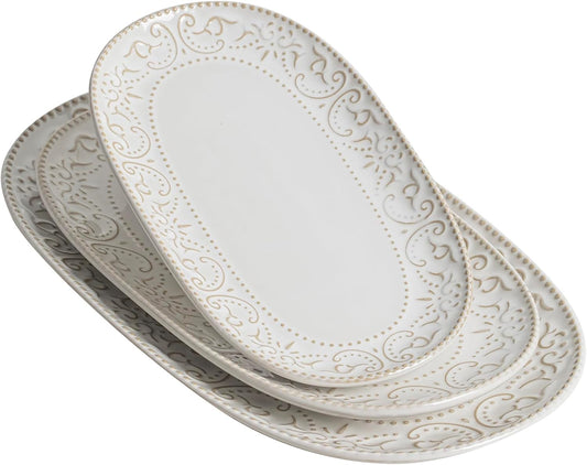 Oval Serving Platter, 14"/12"/10" Ceramic Serving Platters, Embossed White Serving Plates, Stackable Porcelain Tray for Appetizer, Dessert, Pasta, Sushi, Oven Dishwasher Safe, Set of 3, Family Dining