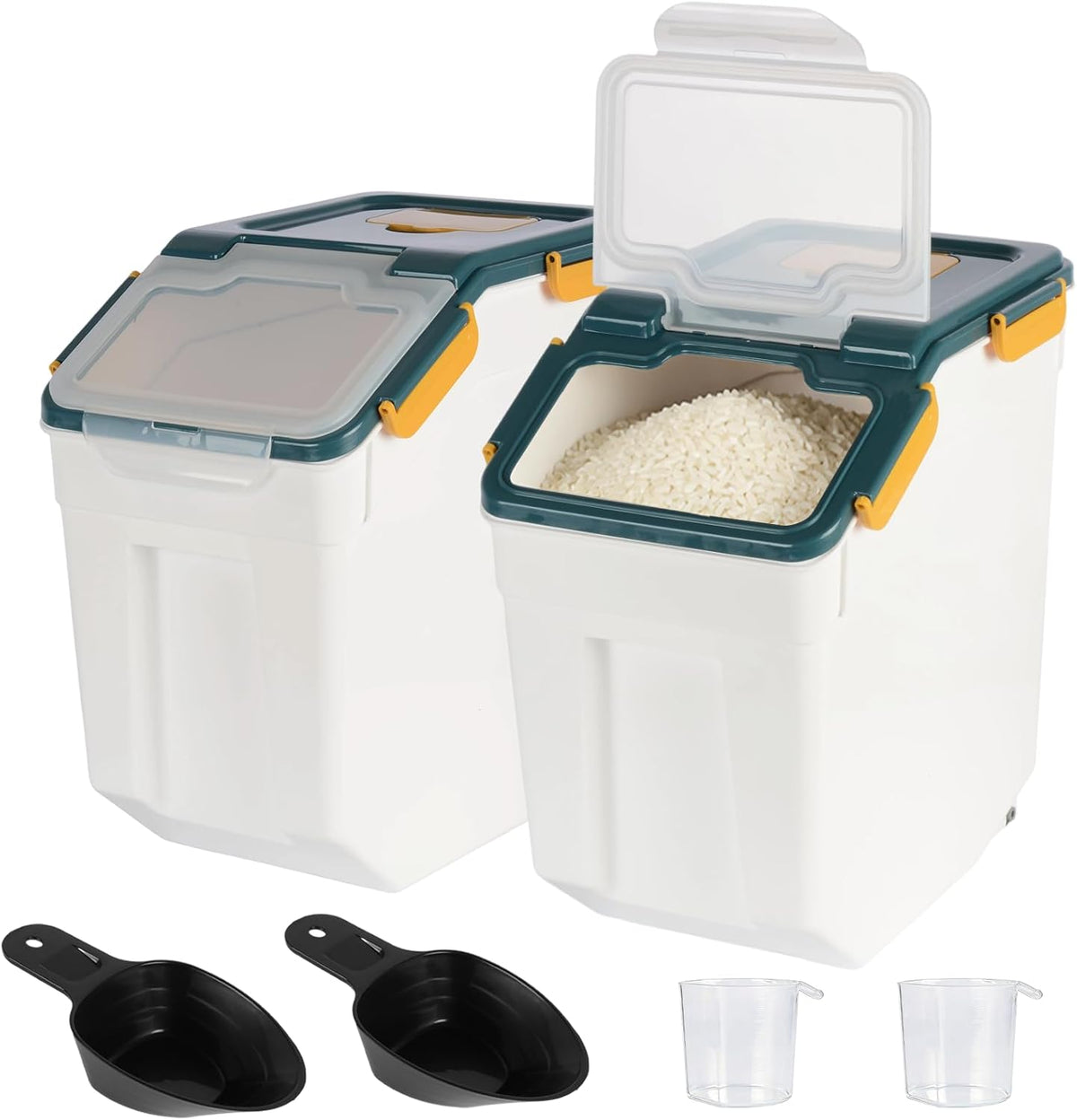 Rice Storage Container 25 lbs, Grey, 2 Pack | Airtight, with Wheels, Locking Lid, Measuring Cup Included, for Flour Sugar Grain Cereal