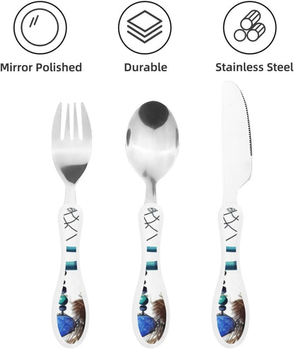3-Piece Kids Silverware Set With Storage Case, Stainless Steel Reusable Children Safe Knife Spoon Fork Set Black White Stripes Red Rose Flowers Children Flatware Set For Kids Lunch Box