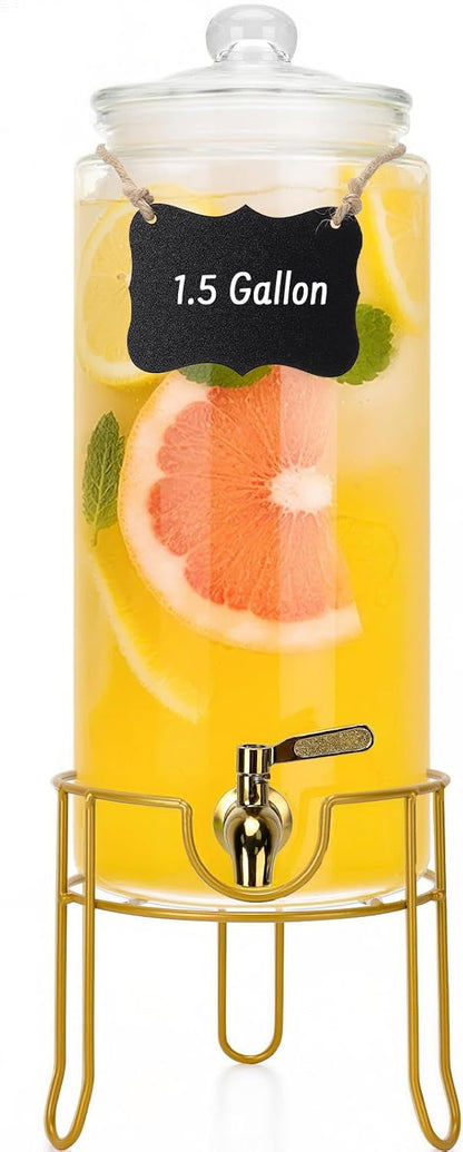 DHSBTLS 1 Gallon Glass Drink Dispensers, Round Beverage Dispenser for Party, BBQ and Picnic, Clear Airtight Juice Dispenser with Golden Stand, Stainless Steel Spigot, Markers and Chalkboard
