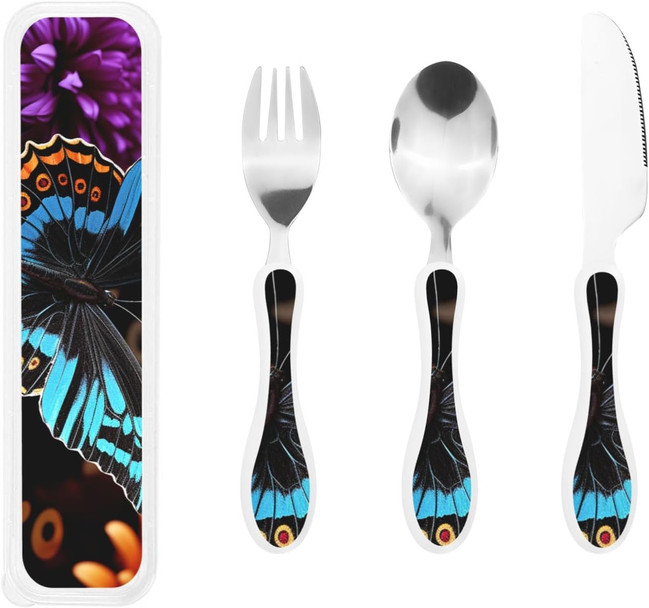 3-Piece Kids Silverware Set With Storage Case, Stainless Steel Reusable Children Safe Knife Spoon Fork Set Butterfly On Beautiful Flower Children Flatware Set For Kids Lunch Box