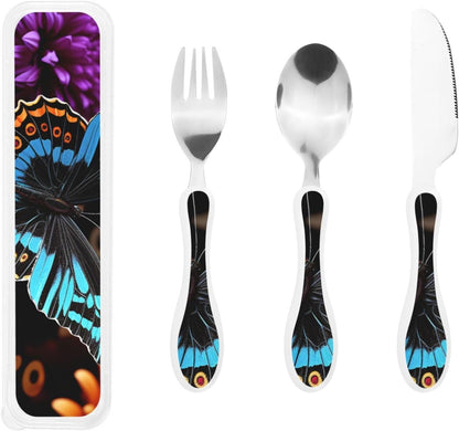 3-Piece Kids Silverware Set With Storage Case, Stainless Steel Reusable Children Safe Knife Spoon Fork Set Butterfly On Beautiful Flower Children Flatware Set For Kids Lunch Box