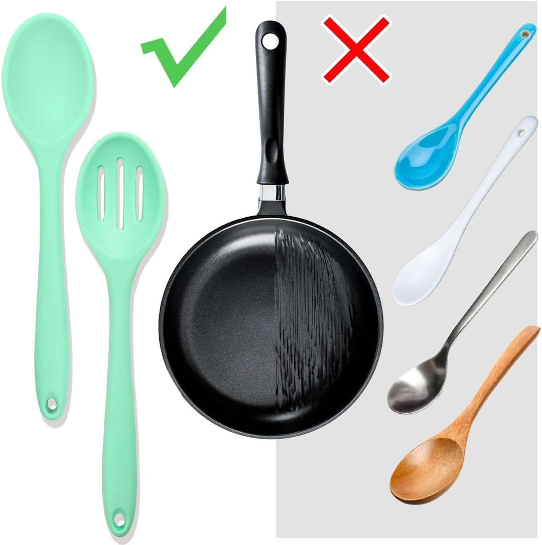 8 Pcs 8inch Heat Resistant Cooking Spoons for Nonstick Cookware Set -Ideal for Cooking, Baking, Mixing, Stirring Includes Slotted & Solid Spoons, Design for Nonstick Cookware (Black+Red+Green+Purple)