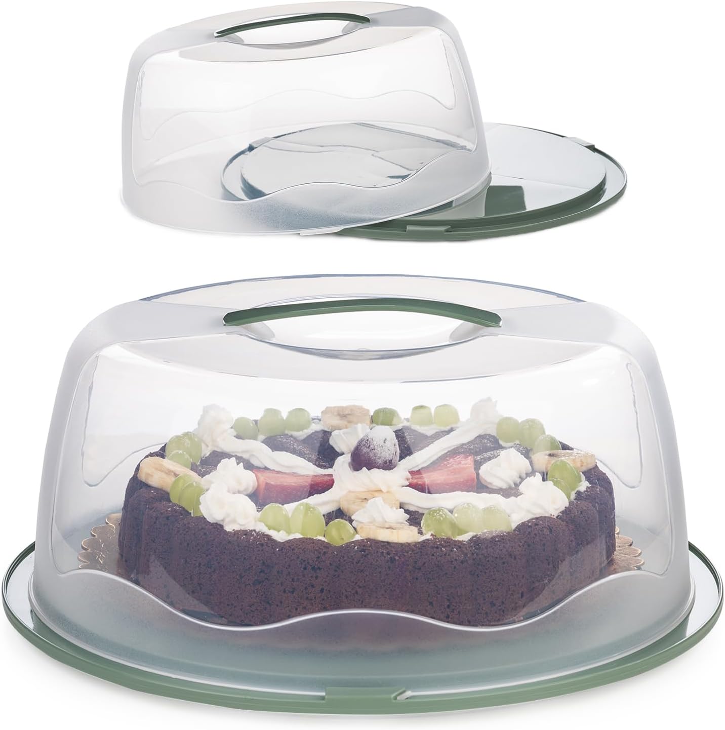 13 Inch Cake Carrier with Locking Lid and Handle, Stylish Big Round Container for Kitchen Storage, BPA Free Stand, Plastic Holder for Transporting, Donuts, Cupcakes, Pies (Green, 13 in)