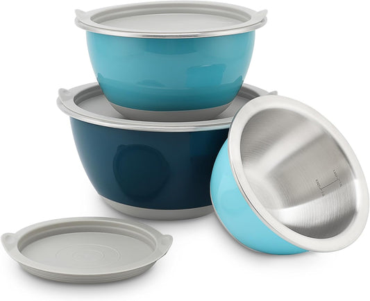 Rorence Mixing Bowls Set with Lids, 18/8 Stainless Steel Mixing Bowls with Non-Slip Silicone Base & Measurement Marks, Airtight Food Storage for Baking, Cooking & Meal Prep,1.5QT/3QT/5QT/Blue