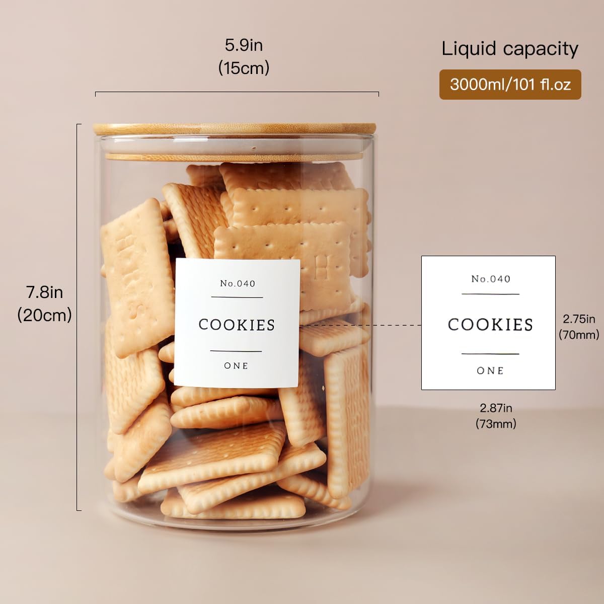 CZZGSM Set of 6 Glass Flour and Sugar jars with 132 Kitchen Pantry Labels - Thicken Large Glass Storage containers with Airtight Bamboo Lid - Rice Canisters for Salt Coffee - 100OZ/54OZ/27OZ