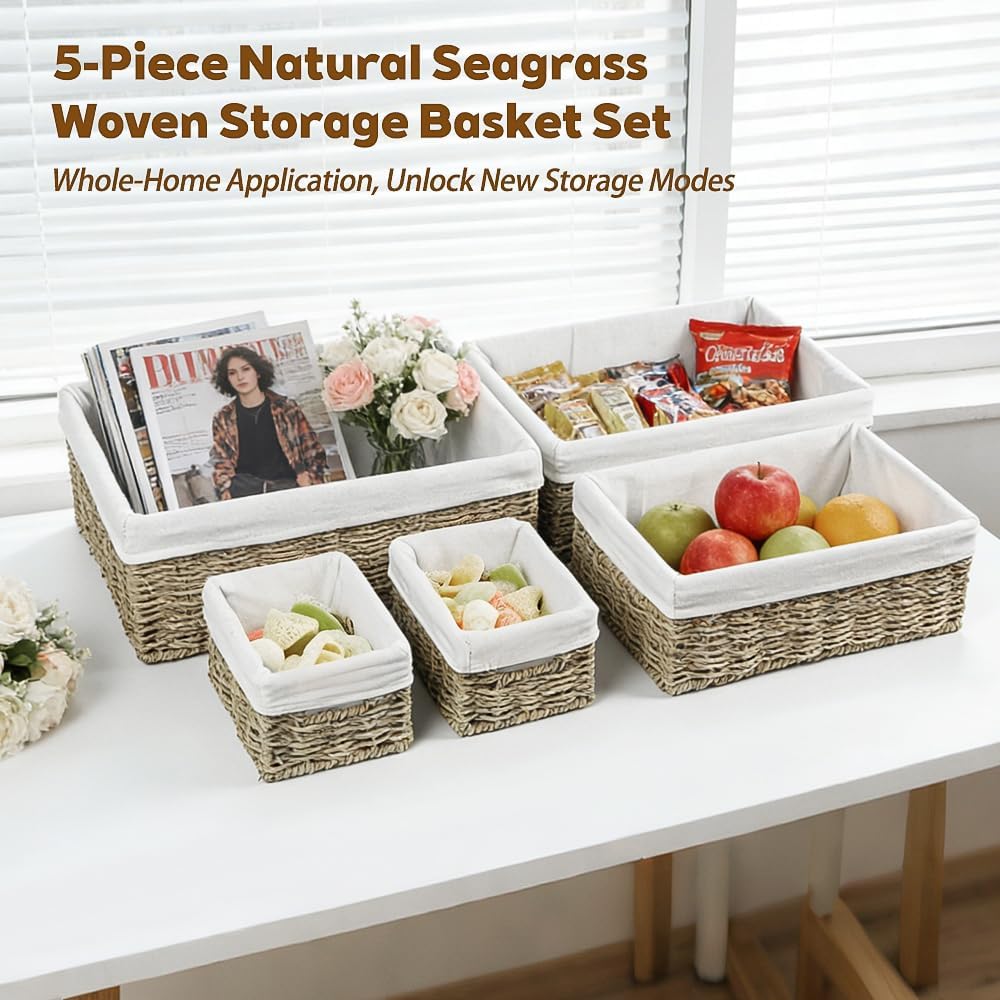 Water Hyacinth Shelf Baskets 4-Pack, Handwoven Wicker Bins with Removable Linen Liners – Divided Upper Compartment & Open Handles, Stackable for Pantry Bathroom Closet