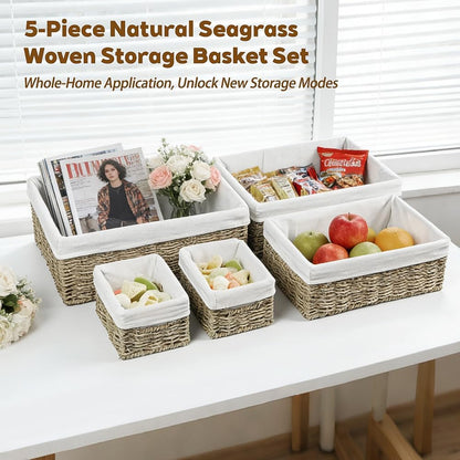 Water Hyacinth Shelf Baskets 4-Pack, Handwoven Wicker Bins with Removable Linen Liners – Divided Upper Compartment & Open Handles, Stackable for Pantry Bathroom Closet